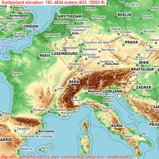 Switzerland on topographic map
