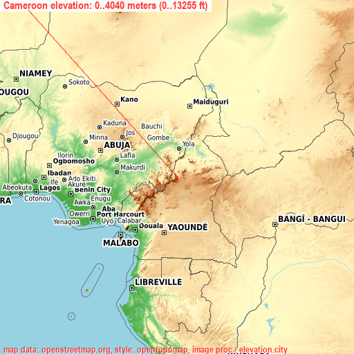 Cameroon on topographic map