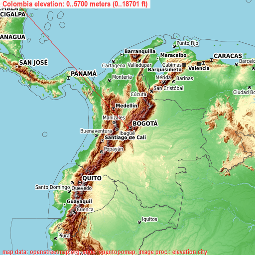 Colombia on topographic map