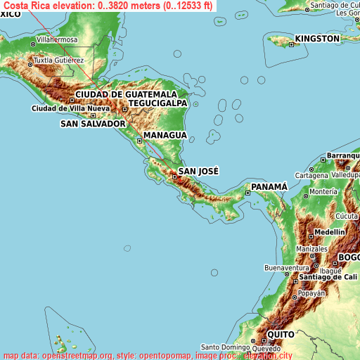 Costa Rica on topographic map