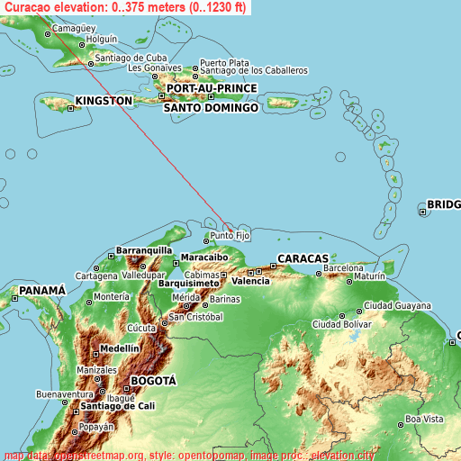 Curacao on topographic map