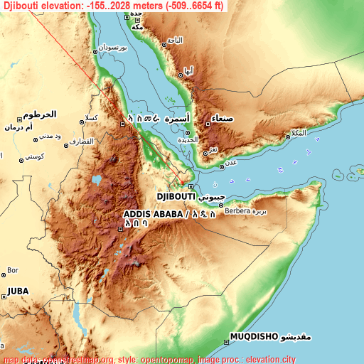 Djibouti on topographic map