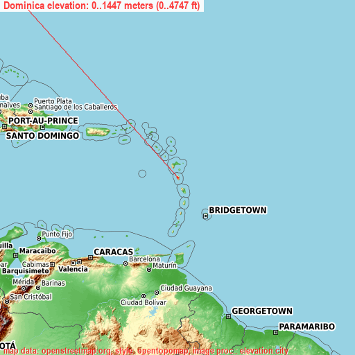 Dominica on topographic map