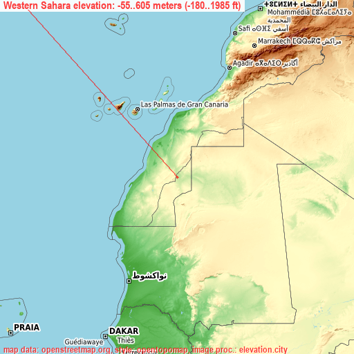 Western Sahara on topographic map