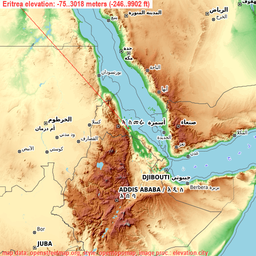 Eritrea on topographic map