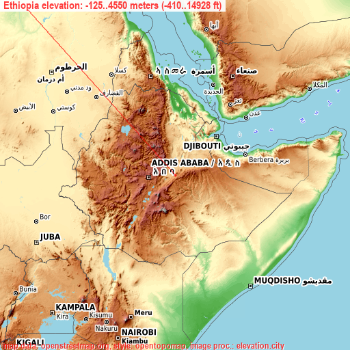 Ethiopia on topographic map