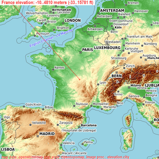 France on topographic map