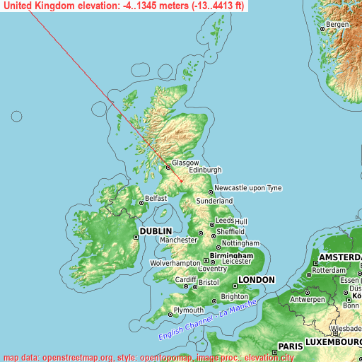 United Kingdom on topographic map