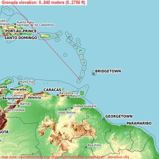 Grenada on topographic map