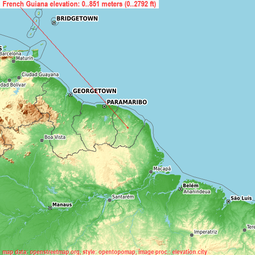 French Guiana on topographic map