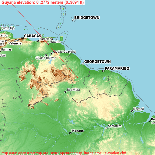 Guyana on topographic map