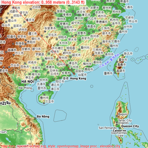 Hong Kong on topographic map