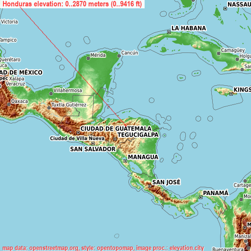 Honduras on topographic map