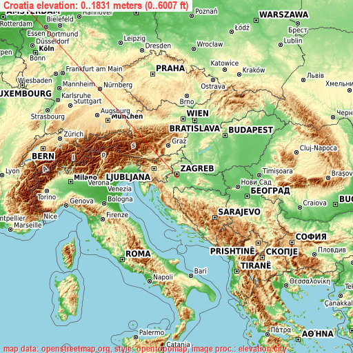 Croatia on topographic map