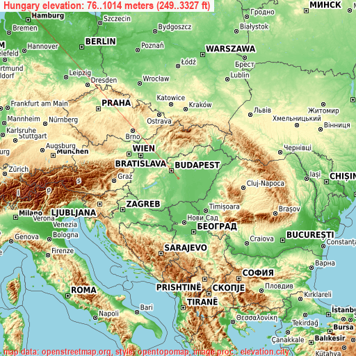 Hungary on topographic map