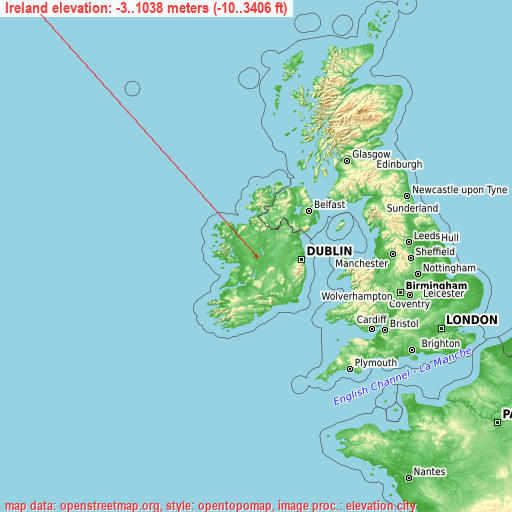 Ireland on topographic map