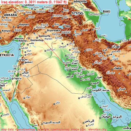 Iraq on topographic map