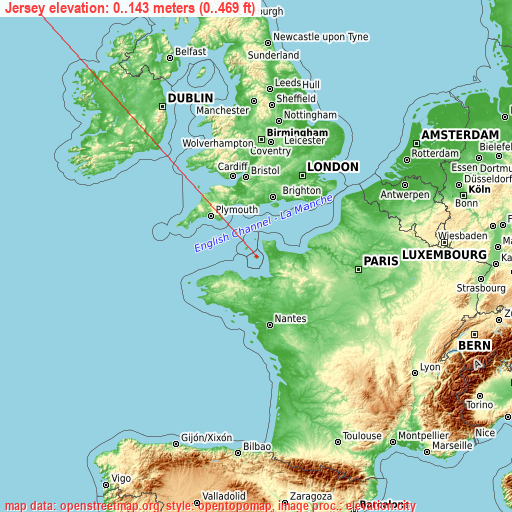 Jersey on topographic map