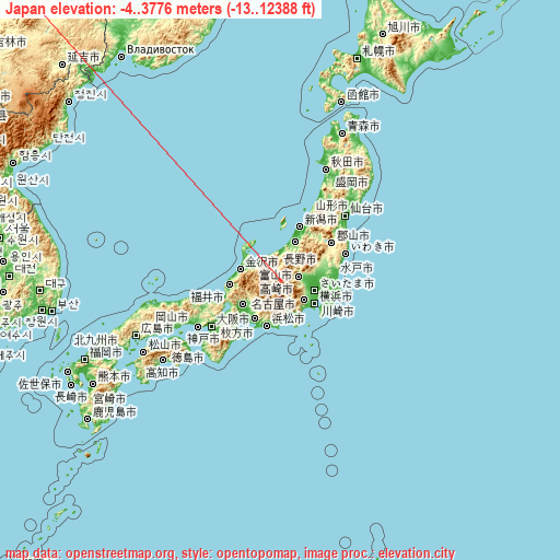 Japan on topographic map