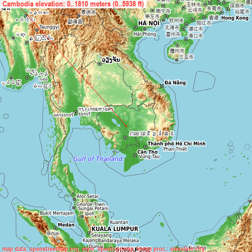 Cambodia on topographic map