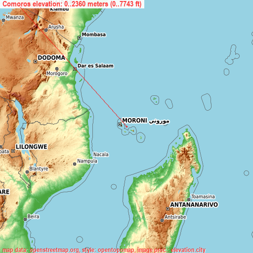 Comoros on topographic map
