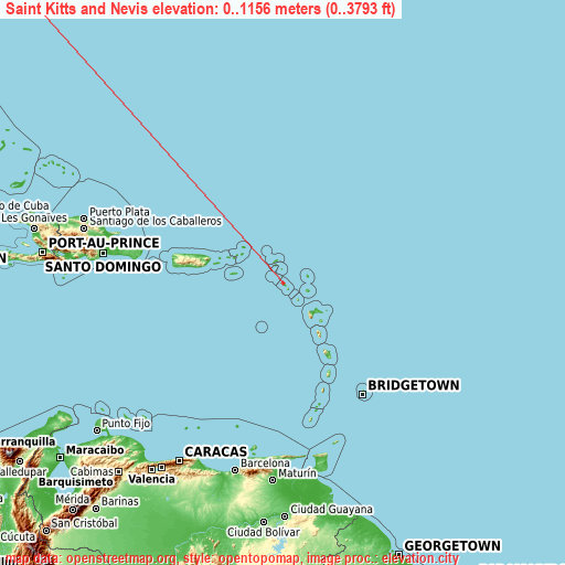 Saint Kitts and Nevis on topographic map