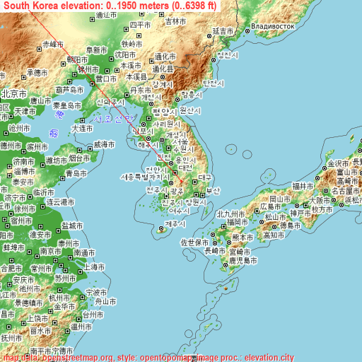 South Korea on topographic map
