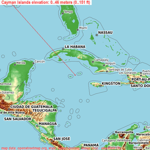 Cayman Islands on topographic map