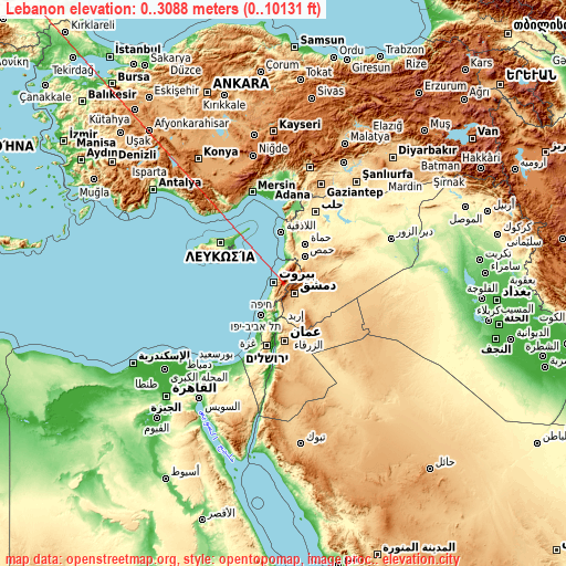 Lebanon on topographic map