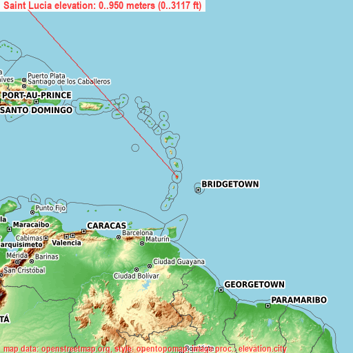 Saint Lucia on topographic map