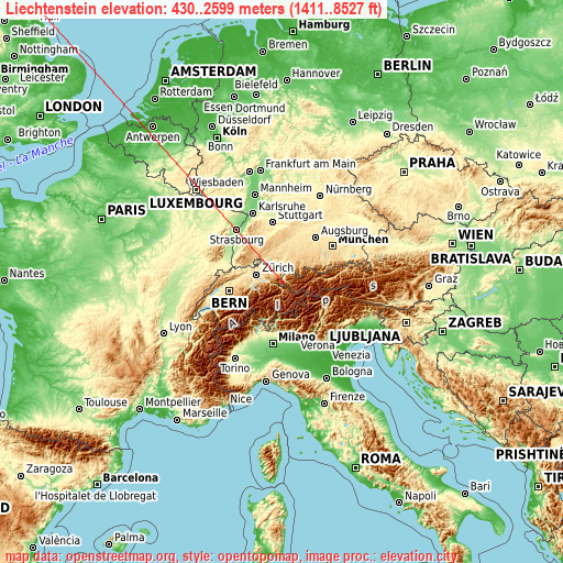 Liechtenstein on topographic map