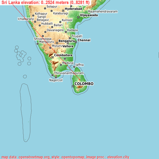Sri Lanka on topographic map