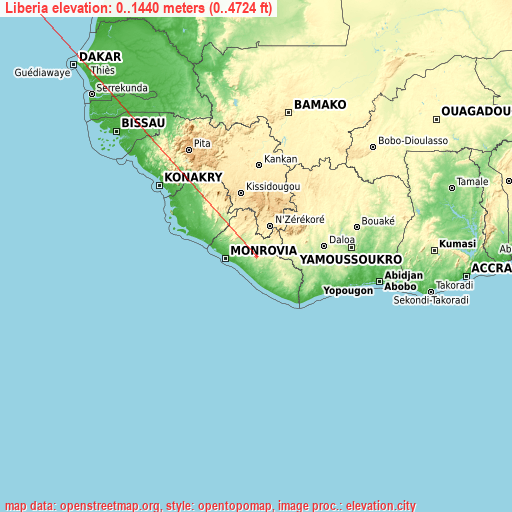 Liberia on topographic map
