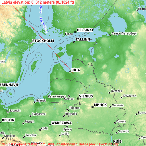 Latvia on topographic map