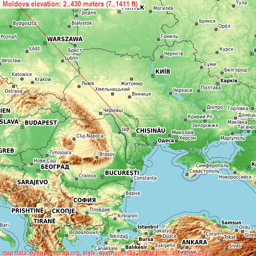 Moldova on topographic map