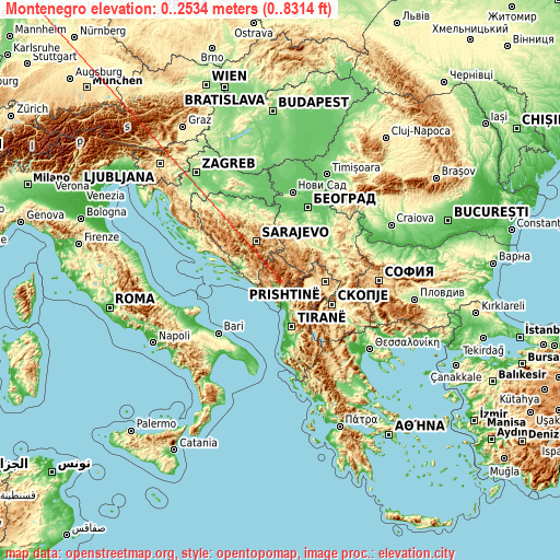 Montenegro on topographic map