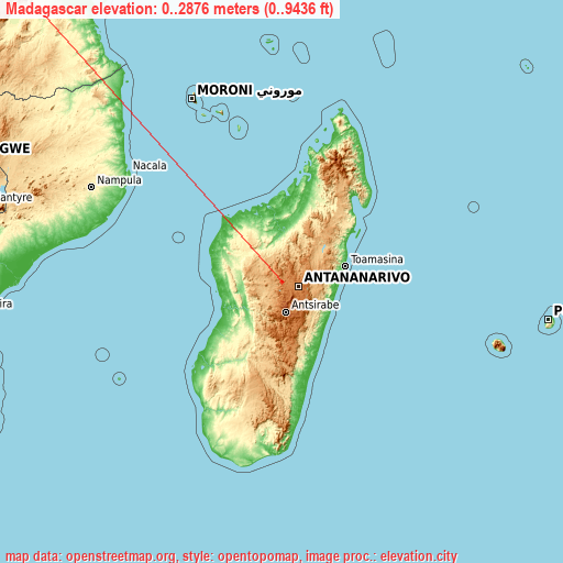 Madagascar on topographic map