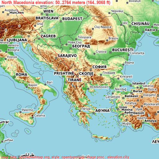 North Macedonia on topographic map