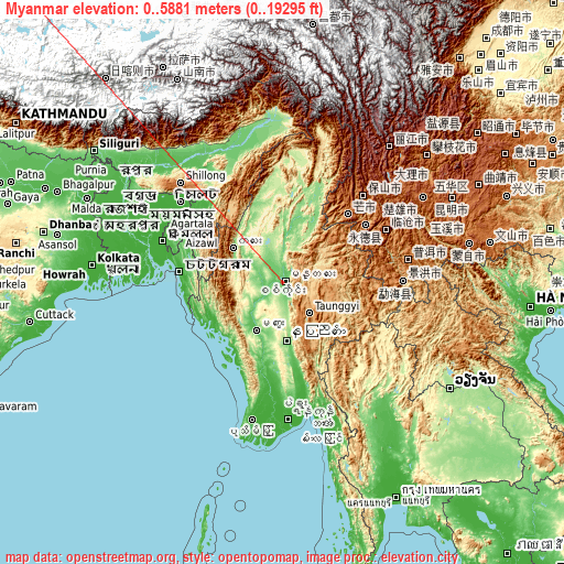 Myanmar on topographic map
