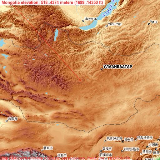 Mongolia on topographic map