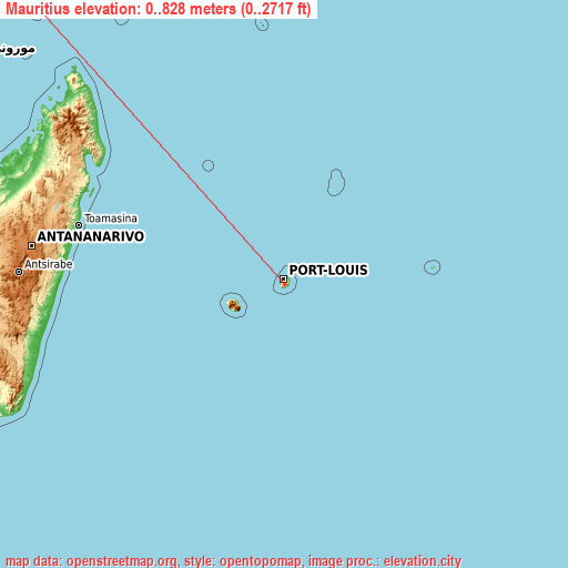 Mauritius on topographic map