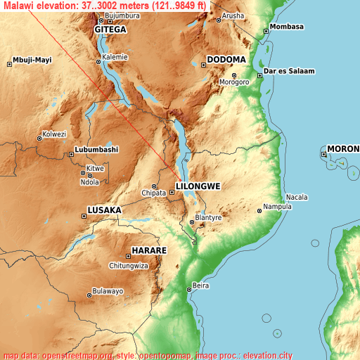 Malawi on topographic map