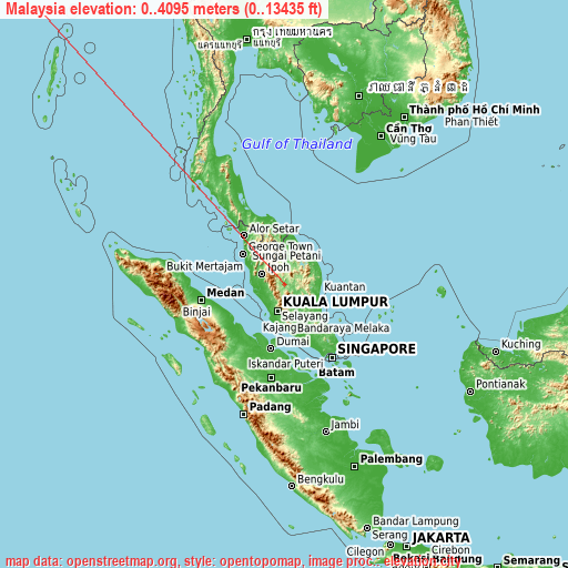 Malaysia on topographic map