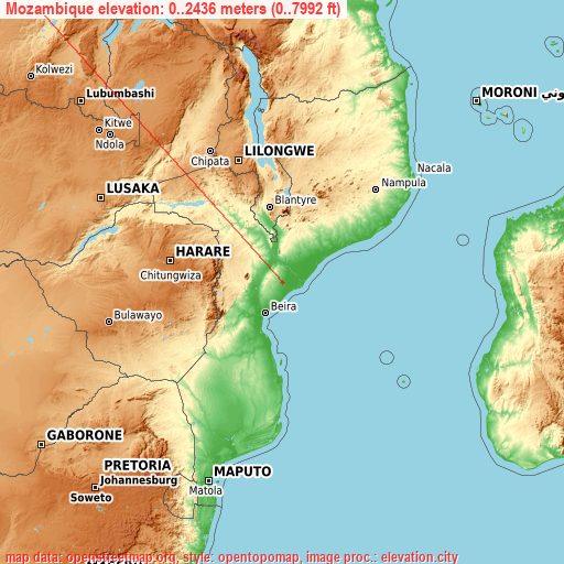 Mozambique on topographic map