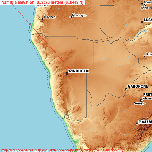 Namibia on topographic map