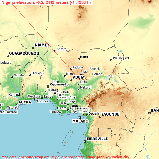 Nigeria on topographic map