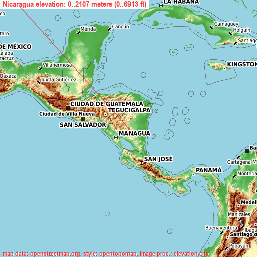 Nicaragua on topographic map