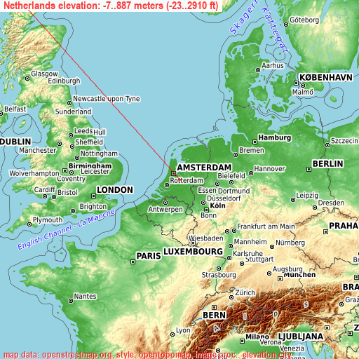 Netherlands on topographic map