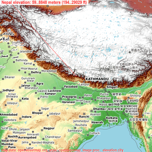 Nepal on topographic map