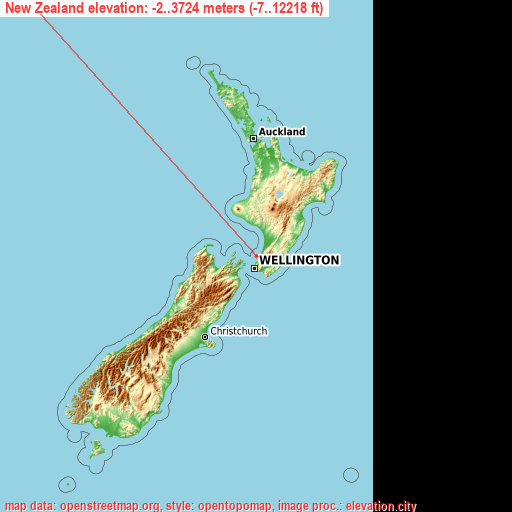 New Zealand on topographic map